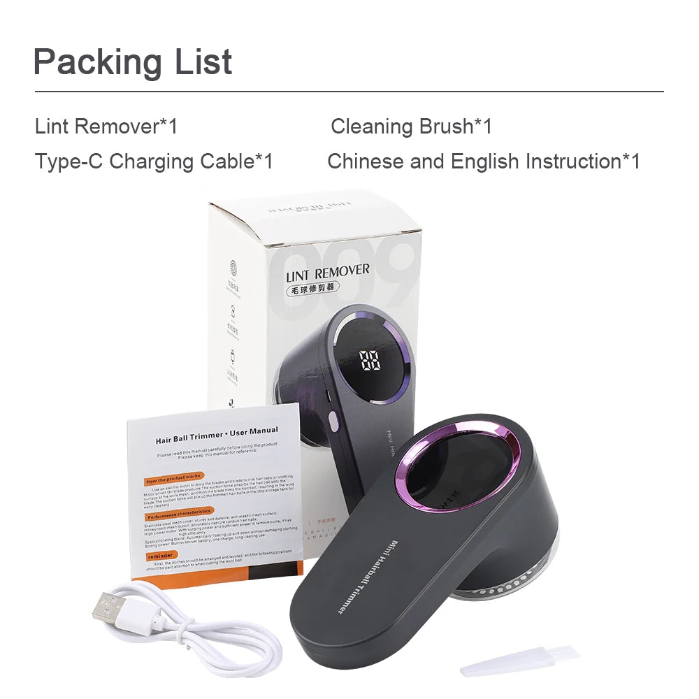 Rechargeable Electric Lint Remover LED Smart Display Portable Clothes Hair Ball Pellet Machine High Speed Motor Lint Trimmer